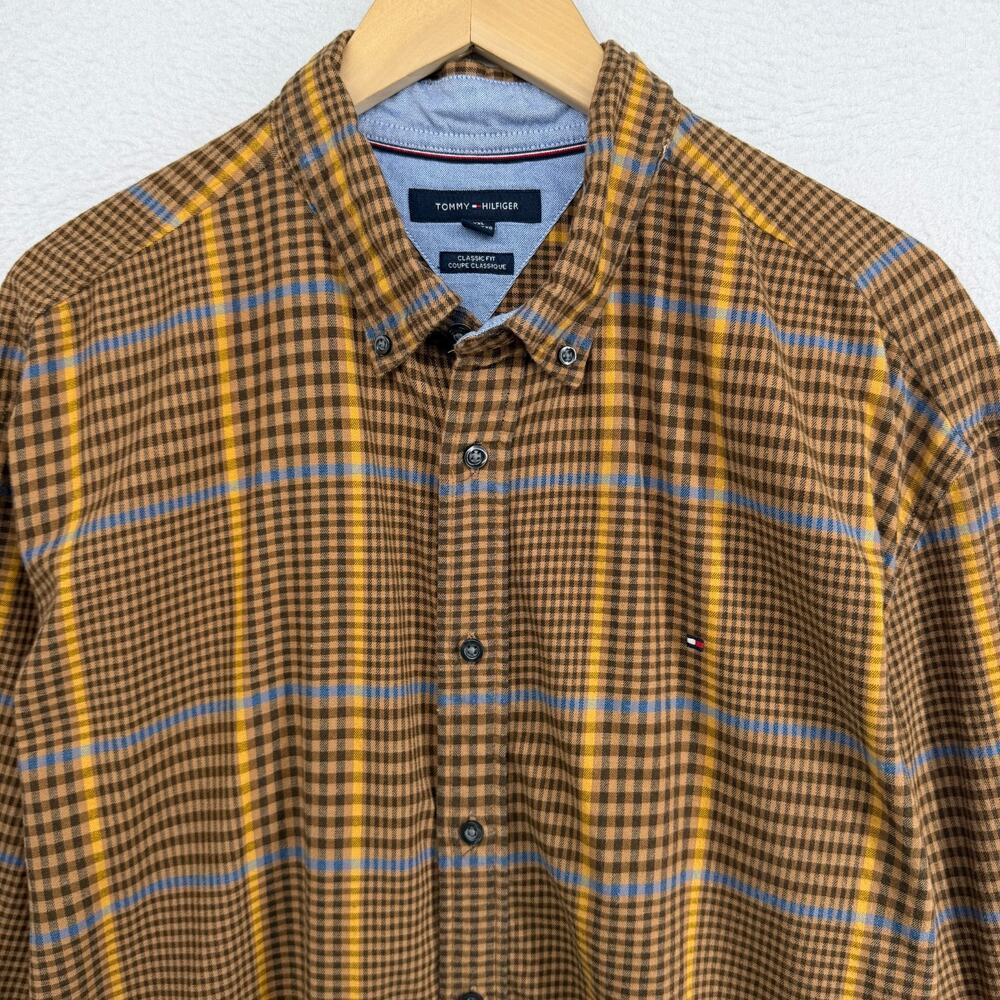TOMMY HILFIGER Shirt Men XXL Blakely Glen Check Classic Fit Flannel Cotton Brown